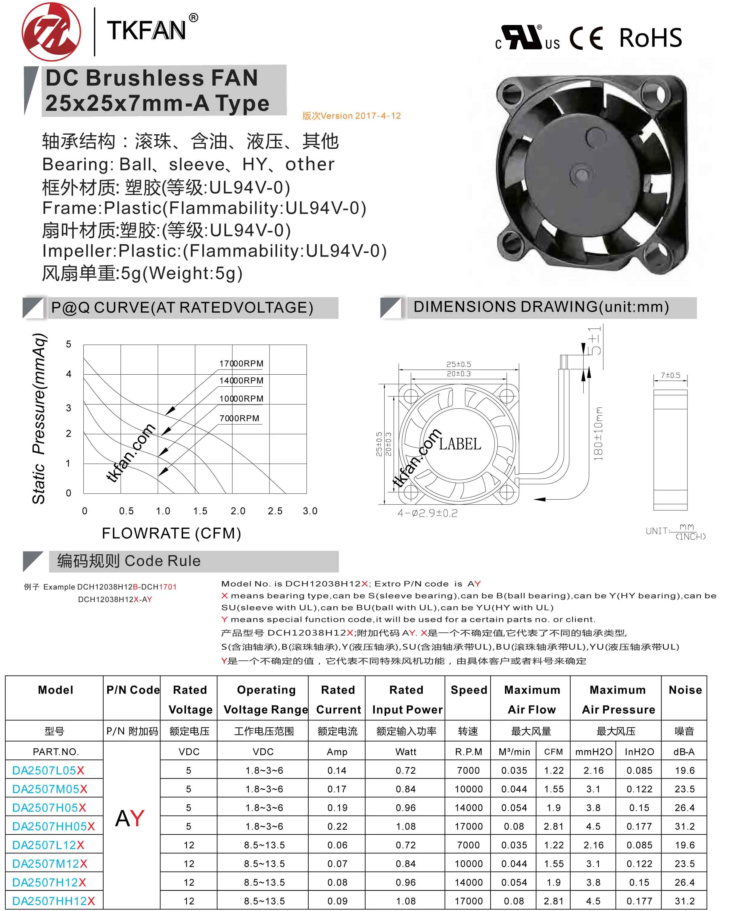 Micro fan DA2507HH05X Datasheet